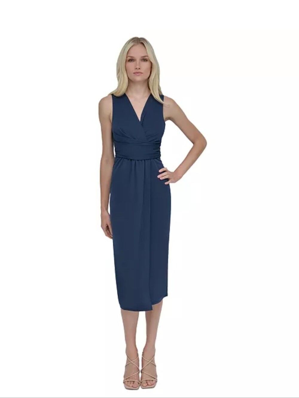 DKNY NWT Navy Blue Draped Cowl Neck Sleeveless Midi Dress Size 14 Party $134